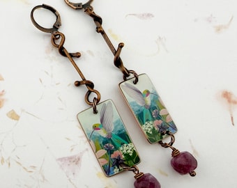 Ruby Red Throat Hummingbird and Ruby Earrings