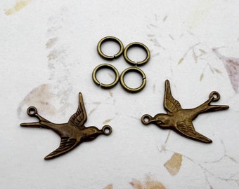 Flying Sparrows, Set of Two, One Flying East and One Flying West, Includes Jump Rings, Antique Brass Flying Bird Connectors