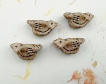 Matte White Bird Bead: Metallic Beige Pressed Glass (11x22mm)