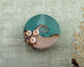 Artisan Ocean Wave Lampwork Bead, Celadon with Barnacles