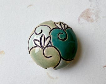 White Lotus on Blue, 23mm Lentil Shaped Bead, Large Hole Bead