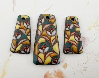 Trapezoid Dark Green Stoneware Pendant Set, Stamped Glazed Clay Beads