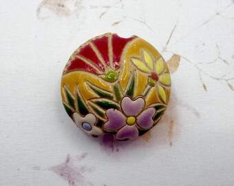 Wildflowers Lentil Shaped Beads, Round Pendant, Artisan Focal Bead, Pendant Bead, Golem Studio Designs, Medium Lentil Bead
