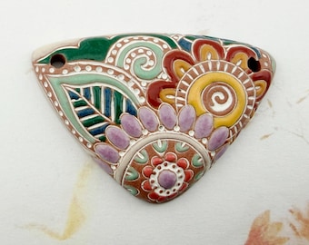 Paisley Flower Collage Pendant, Glazed Triangle Floral Bead