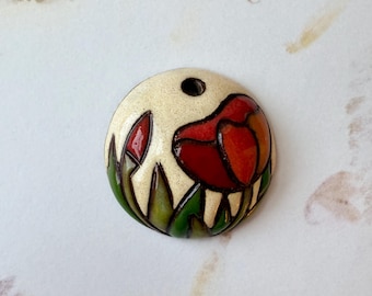 Handcrafted Terra Cotta Poppy Pendant, Glazed Floral Charm