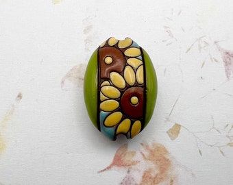 Hand Carved Terracotta Sunflower Bead: Almond Shaped Pendant
