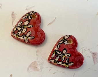 Pairs of Whimsically Decorated Hearts, Hand Crafted Stoneware Hearts by Damyanah Studio, Decorated and Glazed by Hand