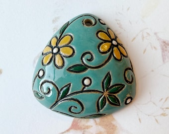Hand Carved Stoneware Pendant: Vintage Floral Ceramic Bead