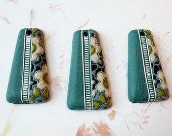 NEW!  Mixed Technique 3 Piece Set, 1 Pendant, 2 Small Pendants, Hand Carved, Stamped and Glazed, New Clay Color