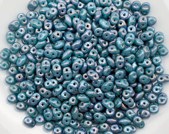 SuperDuo Nebula Turquoise Green, Matubo SuperDuo Beads, 2.5x5mm, 10 Gram Bag