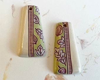 NEW!  Mixed Technique Leaves on Stoneware Pendant, 44mm Long x 22mm Wide, Hand Carved, Stamped and Glazed