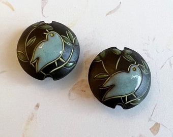 Set of 2, Hand Carved Blue Bird on Black Clay, Puffed Lentil Shaped Beads