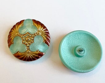 22mm Vintage Czech Green 3D JEWEL Turquoise Purple STAR Flower Glass Buttons 2p 