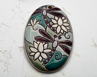 Dragonfly Water Lily Stoneware Oval Pendant, Golem Design
