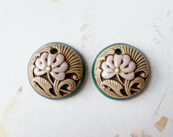 Majolica Style Flower Charms, Hand Stamped Stoneware Beads, Set of Two