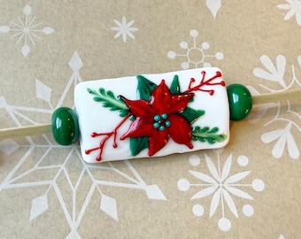 Red Poinsettia Lampwork Focal Bead with Green Spacers