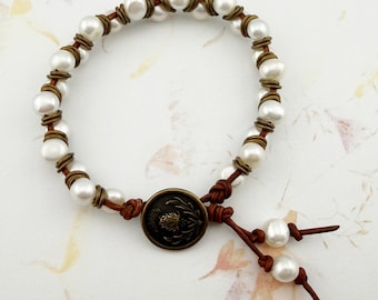 Chevron, Pearl and Leather Bracelet With Antique Brass Button Clasp