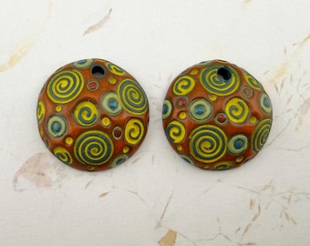Set of 2 Blue Stoneware Pendant Beads, 24mm, Swirl Design