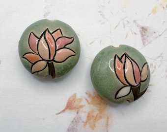 Blooming Magnolia, Hand Made Artisan High Fired Stoneware Beads, Blooming Magnolia on Retro Green, Two Sided Design