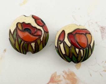 Poppy Field Ceramic Lentil Bead, Golem Design Studio Beads, Large Hole Beads For Kumihimo