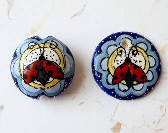 Hand Painted Ladybug Stoneware Pendant, Lentil Bead by Damyanah Studio