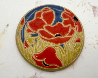 Cabochon, Handcrafted Stoneware Cabochon: Red Field Poppies, 1.5 inch