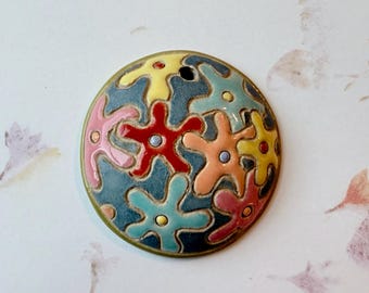 Hand Carved Stoneware Pendant, Abstract Flowers, Golem Design Studio, 39mm