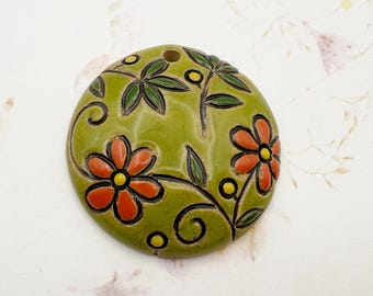 Hand Carved Stoneware Pendant: Vintage Textile Floral Bead by Golem
