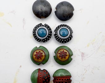 Assorted Sets of Two Dark Clay Stoneware Lentil Shaped Beads, Mixed Technique, Carved, Stamped and Glazed Beads, Large Hole Beads,