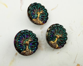 18mm, Czech Glass Button, Peacock Design, Purple/Aqua Iridescent
