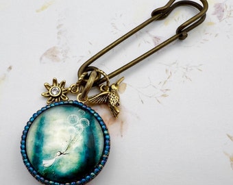 Wish or Weed, Jean Jacket Pin, Dandelion Imagery, Kilt Pins, Handcrafted, Double Sided Brooch Pin, Bronze Pin with Imagery and Dangles