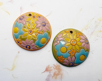 Brightly Mixed Flower Power Pendant, Round Domed Stoneware Pendant Bead, Golem Design Studio, 1.5 Inches Round