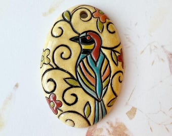 Colorful Bee-Eater Bird Pendant, Long Oval Stoneware Pendant, Golem Design Studio Beads