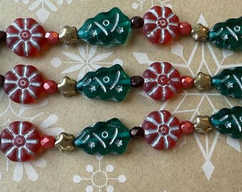 Christmas Czech Glass Bead Mix: Holiday Shapes, 7 Inch Strand