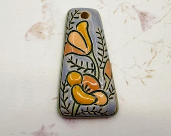 California Poppies on Stoneware, Trapezoid Pendant, 43mm Long x 22mm Wide, Hand Shaped, Carved, and Glazed