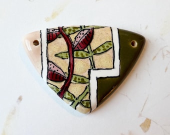 Pink Branches Pendant, Shield Shaped Stoneware Pendant, Hand Crafted Artisan Beads, by Damyanah Studio