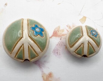 Light Green Peace Sign Bead: Teal Flower Stoneware Bead