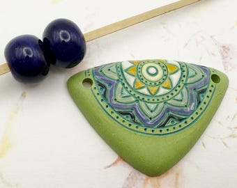 New! Triangle Stoneware Pendant with Two Stoneware Rounds, Two Hole Front Drilled Pendant, Gorgeous New Clay Color with Glazed Geometrics