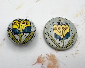 Hand-Painted Stoneware Tulip Pendant: Lentil Bead by Damyanah Studio