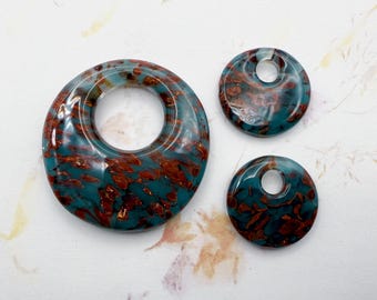 Copper and Teal Halo Disk Bead Set, Boro Glass with Dichro, Hand Crafted in California, Set of Three Beads