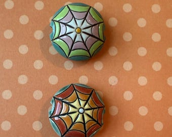 Colorful Spider Webs, Lentil Shaped Beads, High Fired Stoneware Beads by Golem Design Studio, Select Pink or Orange