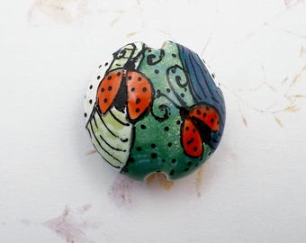 Ladybugs, Ladybugs on Green, Lentil Shaped Ceramic Bead, Hand Crafted Artisan Beads