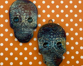 Raku Fired Sugar Skull Pendant: Dia de los Muertos