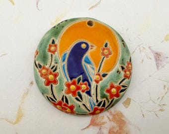 Bluebird Stoneware Pendant: Hand-Carved Artisan Bead