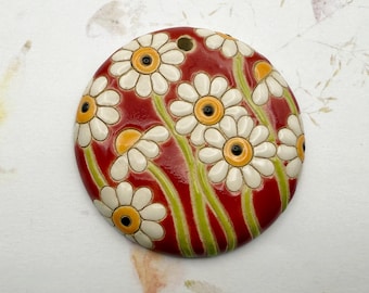 Large Round Daisy Pendant With Bright Red Background And White, Yellow and Orange Daisies, Focal Bead, Pendant Bead, Golem Studio Designs