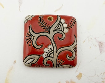 Tuscan Red Cotton Blossoms Stoneware Square Pendant