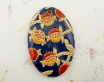 Hand-Carved Ceramic Pomegranate Pendant, Artisan Focal Bead, Golem Design Studio