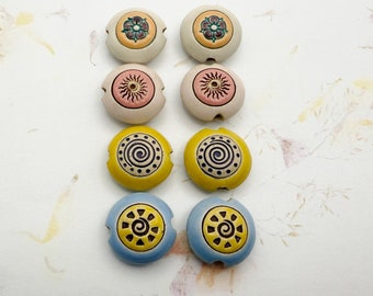 Assorted Sets of Two Glazed Stoneware Lentil Shaped Beads, Mixed Technique, Carved, Stamped Beads, Use With Leather, Waxed Linen or Kumihimo
