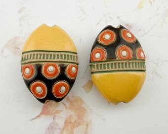 Set of Two, Almond Shaped Beads, Mixed Technique Stoneware Beads