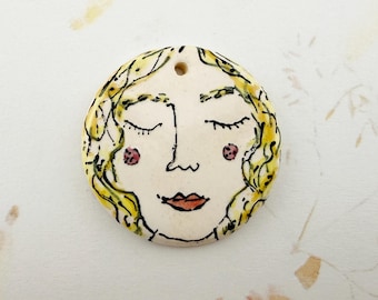 Blonde Curious Girl Small Round Glazed Ceramic Pendant Bead, Hand Painted